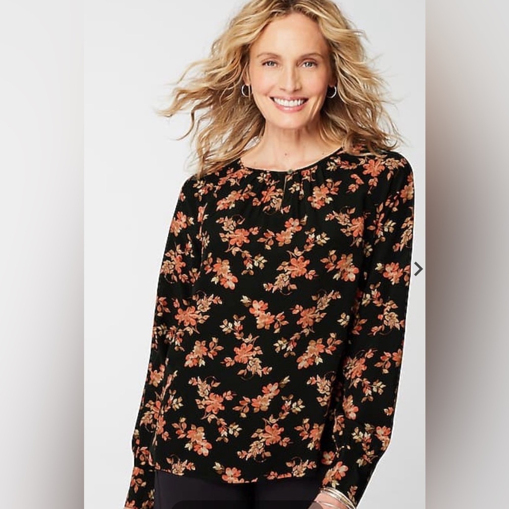 Floral Balloon-Sleeve Blouse Black with Coral Flowers black painterly posies